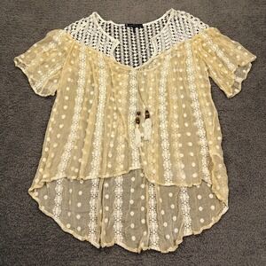 House‎ of Harlow 1960 Shirt Womens Medium Silk Sheer Crochet Tassel Boho Fairy
